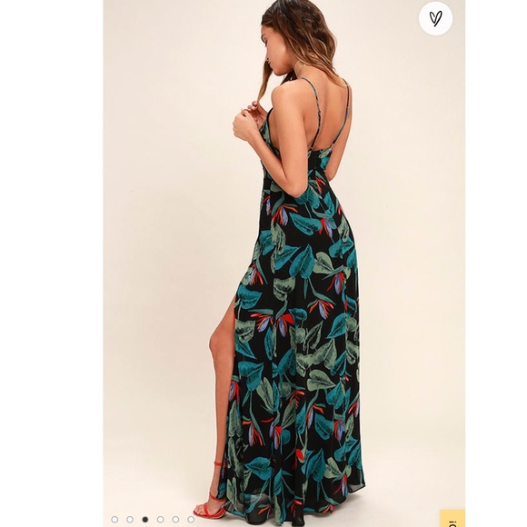 Lulus Birds of Paradise Black Floral Print Side Slit Maxi Dress size Small - Picture 5 of 12